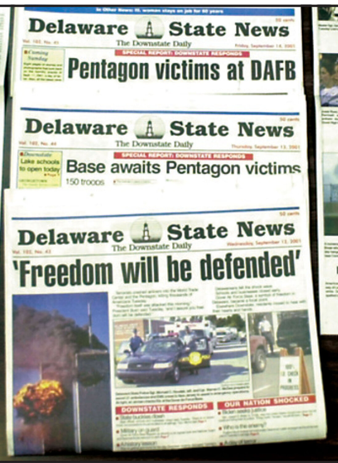The Delaware State News edition on Sept. 12, 2001, led with a quote from President Bush.
