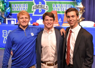 Bayside Academy seniors from left, Ty Ferguson, Jay Loper, and Patrick Daves on National Signing Day.
