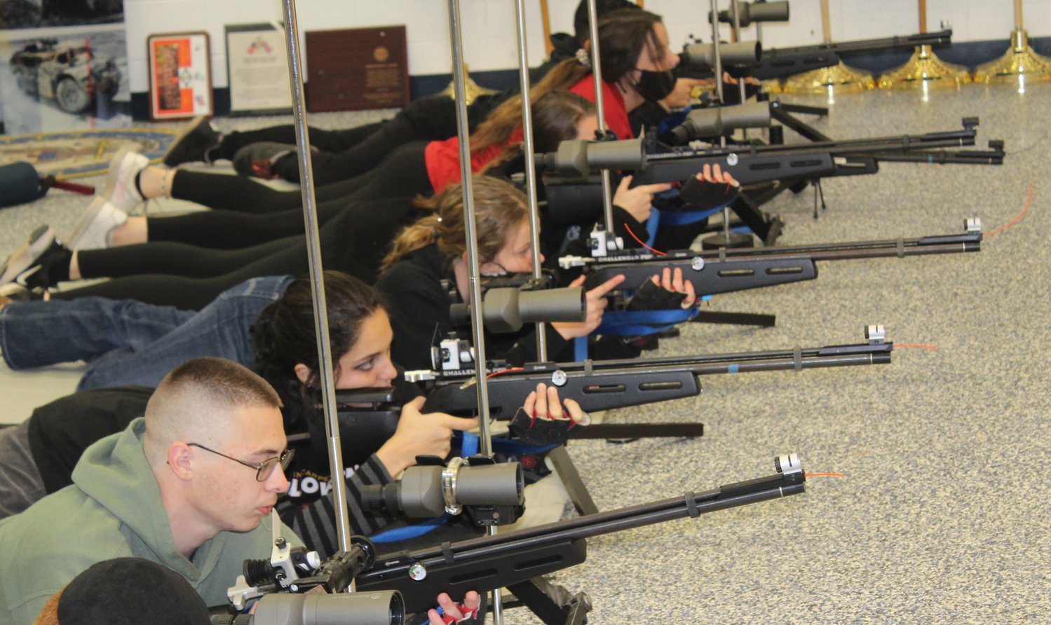 Cadets with the Robertsdale High School Naval Junior ROTC, comprised of students from Robertsdale and Elberta high schools, practice for the Area 8 Air Rifle Championship in hopes of qualifying for national competition.