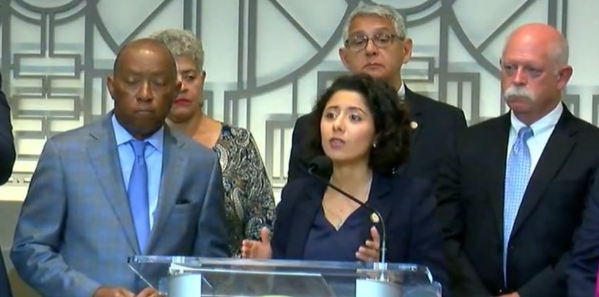 Houston Mayor Sylvester Turner (left), Harris County Judge Lina Hidalgo (center front) and Health Authority for the City of Houston, Dr. David Persse were three of the officials that spoke during a press conference wherein Turner announced the closure of the Houston Livestock Show and Rodeo along with a seven day health emergency declaration.