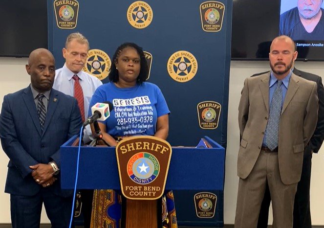 Erica Washington, the owner of Genesis Education and Training, speaks at a Fort Bend County Sheriff&rsquo;s Office press conference. Washington said a Cinco Ranch man, Ubadire Sampson Anosike, had used her certification as a CPR instructor to produce fake CPR certifications which he sold to people who had received no training. Anosike is currently out on bond pending his court case.