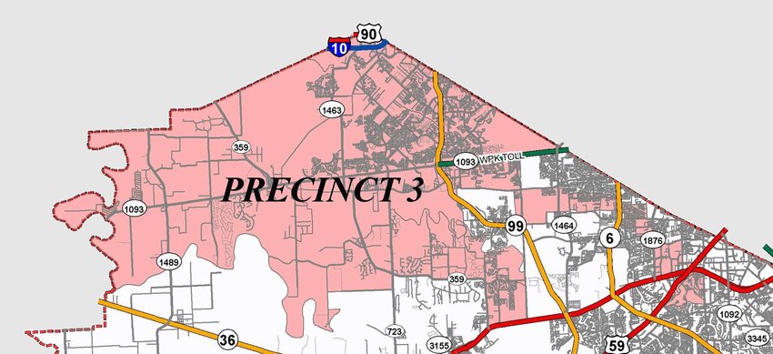 Prior to redistricting, Fort Bend County&rsquo;s third precinct included the shaded area in the map above which extends from the Simonton-Fulshear area north to the borders of Waller and Harris Counties and included the Cinco Ranch community. That region is now primarily in the new boundaries for Precinct 1.