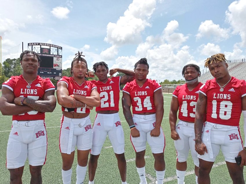 Members of the East Mississippi football team reported last week and went through picture day Monday. EMCC players pictured in the top photo are, from left #15 Joshua Short; #26 Ja&rsquo;Quaris Jamison; #21 Cam McCullum; #34 Zias Perryman; #43 KJ Lawrence; and #18 Carl Robinson.