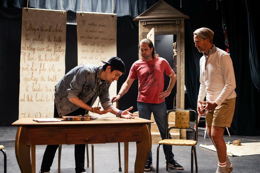 Christian Nieves, Jason Wyatt and Aaron Setliff rehearse “The Gospel According to Thomas Jefferson, Charles Dickens and Count Leo Tolstoy: Discord” at the Las Cruces Community Theatre, opening next weekend.