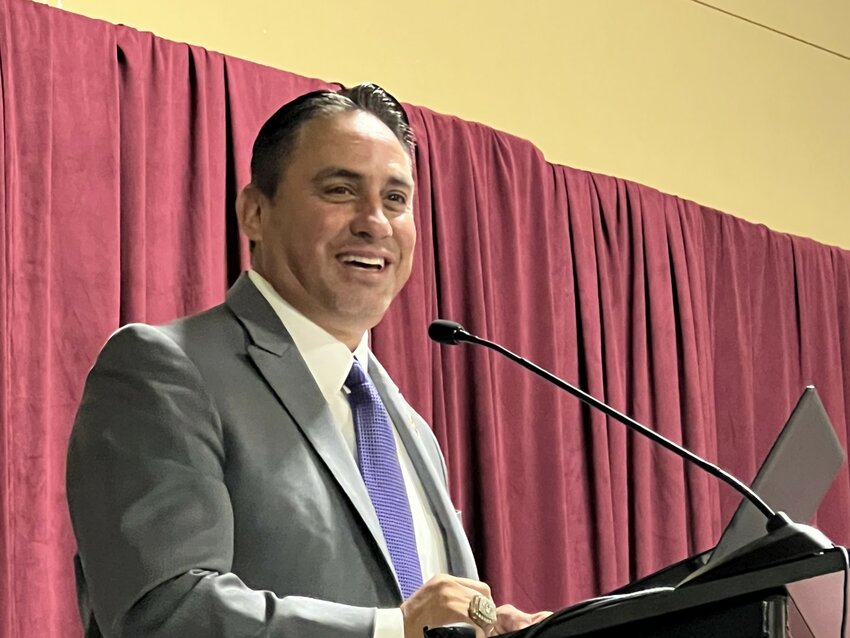 New Mexico Lt. Gov. Howie Morales addresses a strategic water supply symposium hosted by New Mexico State University in Las Cruces on June 27.