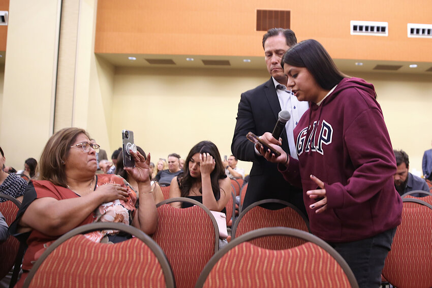 A student tells Michelle Lujan Grisham during a Las Cruces town hall on July 25, 2024, that she's disappointed in the governor’s stance on crime.