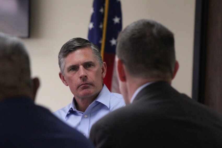 U.S. Sen. Martin Heinrich listens to a briefing at the federal High Intensity Drug Trafficking Area office in Las Cruces on Aug. 12, 2024.