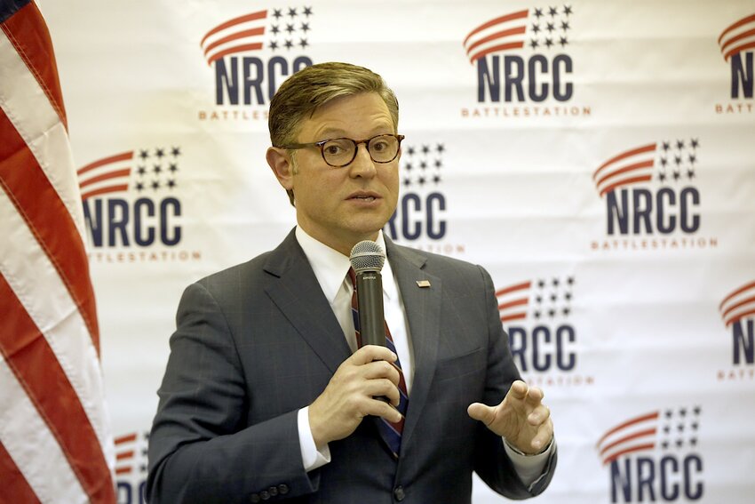 2.	Speaker Mike Johnson gives a speech during a campaign event for Yvette Herrell on Aug. 21, 2024.