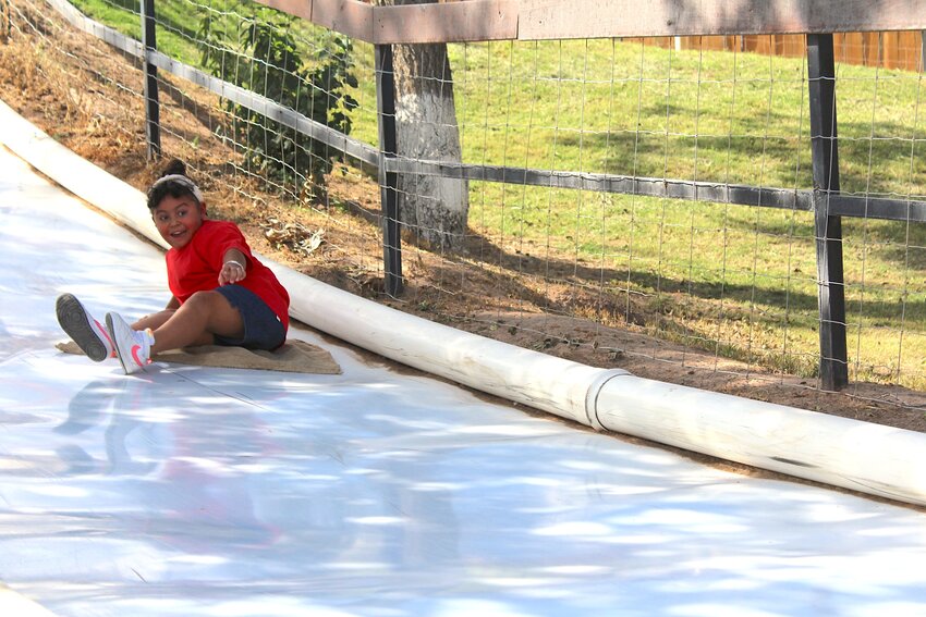 A child rides a sack down a slide at Mesilla Valley Maze on Sept. 20, 2024.