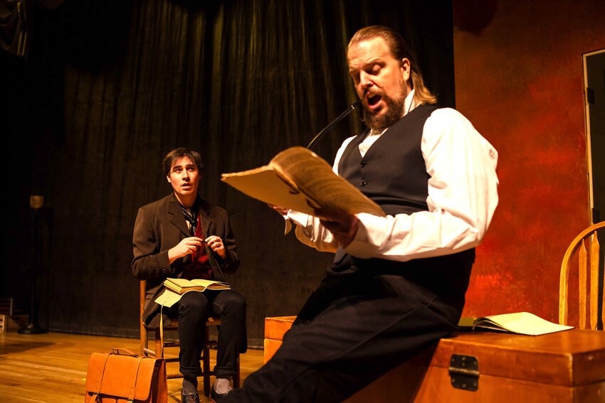 Knut Brekke and Brad Martinez rehearse a scene from Blank Conversations Theater Company’s “The Woman in Black.”