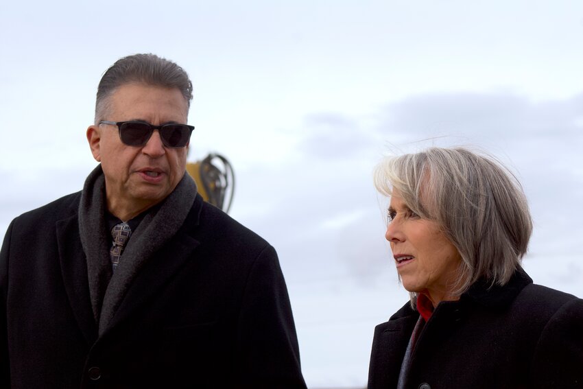 Las Cruces Mayor Eric Enriquez greets New Mexico Gov. Michelle Lujan Grisham at a groundbreaking for the Amador Crossing housing project on Jan. 8, 2025.