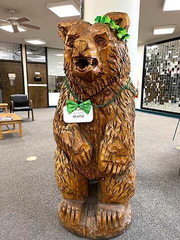 Bearto, the titular mascot of Bearto’s Book Den, welcomes visitors to the Thomas Branigan Memorial Library.