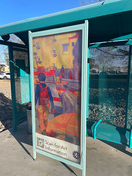 New Mexico State University Bachelor of Art senior, Yalet Yanar’s piece for Art Stop 2025, Take a Walk, located at the bus stop on the corner of University Ave. and Jordan Rd.