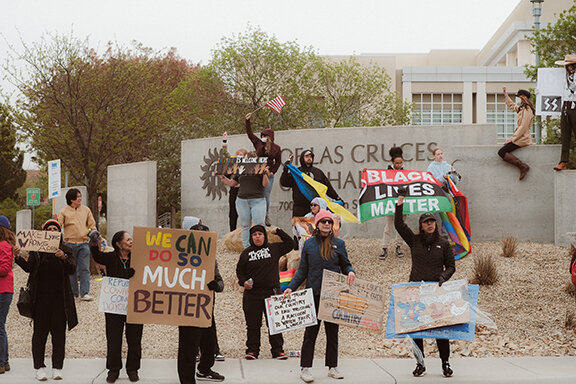 Protestors gathered in front of Las Cruces City Hall during an anti-Trump protest, holding signs advocating for justice, accountability, and human rights, joining in with protestors across the nation who are unhappy with Pres. Trump’s policies.