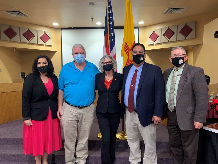 Left to right are Do&ntilde;a Ana County Clerk Amanda L&oacute;pez Askin, incoming Las Cruces Public Schools Board of Education member Bob Wofford, current board members Pamela Cort and Ray Jaramillo and LCPS Superintendent Ralph Ramos.