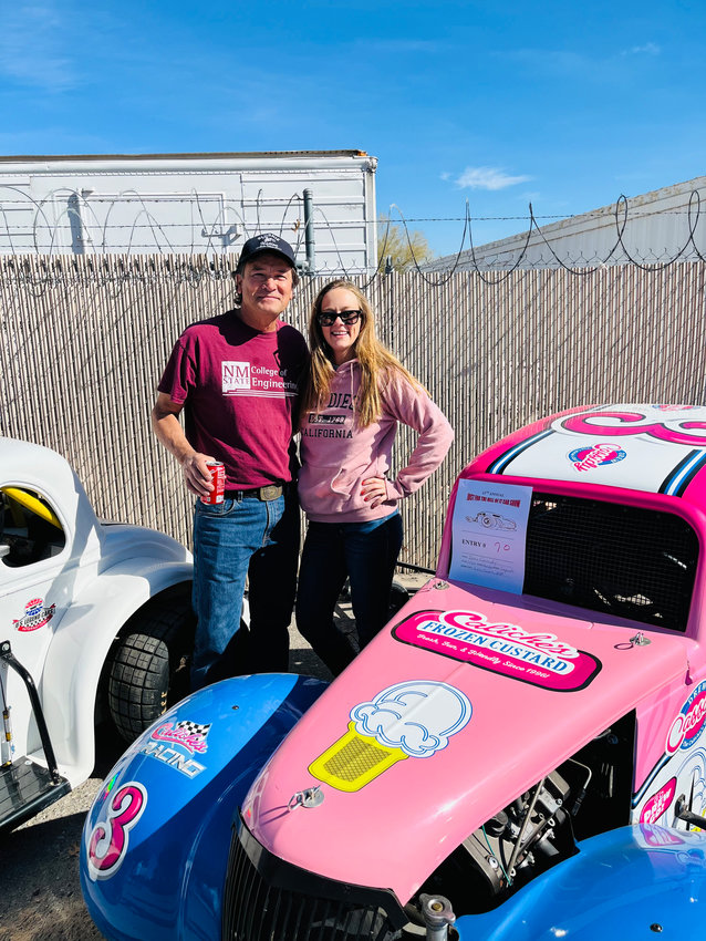 NMSU&rsquo;s Ken Ruble and Drew Cassidy, both engineering alums, with the No. 3 Caliche&rsquo;s race car at a local car show.