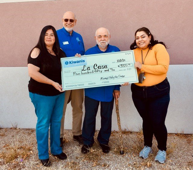 Kiwanis keeps on giving. The Las Cruces Kiwanis Club donated $550 on Dec. 2 to La Casa, Inc. domestic violence program. Left to right are Flor Gonzales and Bryana Valdez of La Casa and Jim Vorenberg and Jim Pudlewski of the Kiwanis Club. The club sponsors events and fundraisers throughout the year and makes donations to benefit children and the community of Las Cruces. The club&rsquo;s next event is the Mayor&rsquo;s Top Teen a pancake breakfast, 9-11:30 a.m., Saturday, March 12, at the Las Cruces Moose Lodge. The breakfast is a fundraiser for the Mayor&rsquo;s Top Teens program. Tickets are $5. For more information, call Jim Pudlewski at 575-525-9478.