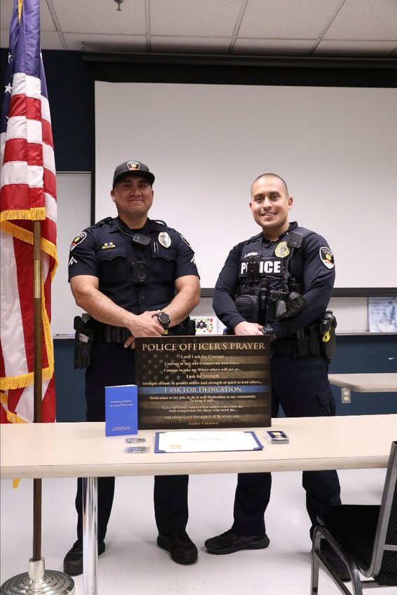 Left to right are Las Cruces police officer Gil Mora and LCPD Lt. Eric Urenda, 2020-21 Law Enforcement Commendation Medal award recipient.