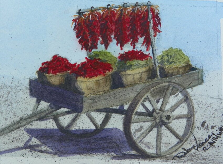 &ldquo;Chile Vendor&rdquo; depicts harvests of red and green chiles in a painting by Las Cruces artist Debra Vance.