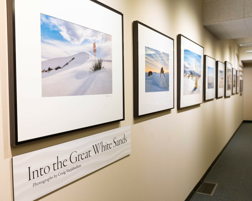 Craig Varjabedian's work &quot;Into The Great White Sands.&quot; hanging in Branson Library at New Mexico State University. (NMSU photo by Josh Bachman)