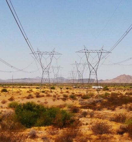 Power transmission lines extend across the desert landscape in an undated BLM photo.