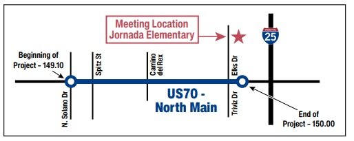 A map shows the area where work will take place on U.S. Highway 70/N. Main Street, as well as the public meeting location.