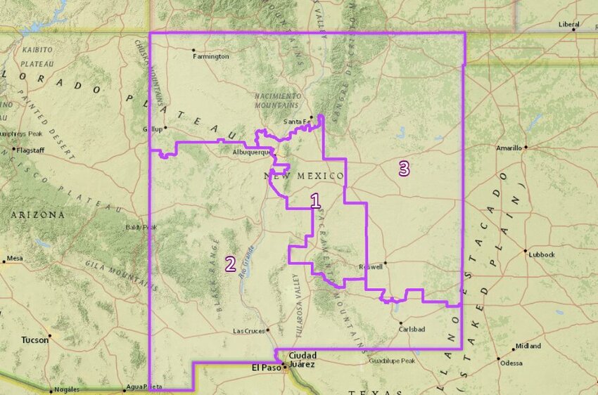 A legislative map shows New Mexico’s three congressional districts following redistricting after the 2020 Census.