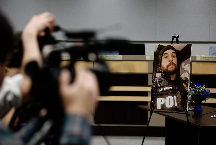 Dozens of reporters, elected officials, police officers, and more filled the City Hall Council Chambers on Feb. 13, 2024, for a press conference about LCPD Officer Jonah Hernandez.