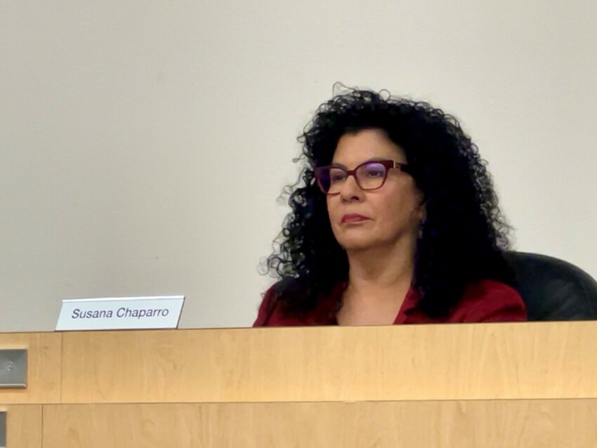 CRRUA board chair Susana Chaparro listens to public comment during a board meeting of the utility company in Sunland Park on Feb. 12, 2024.