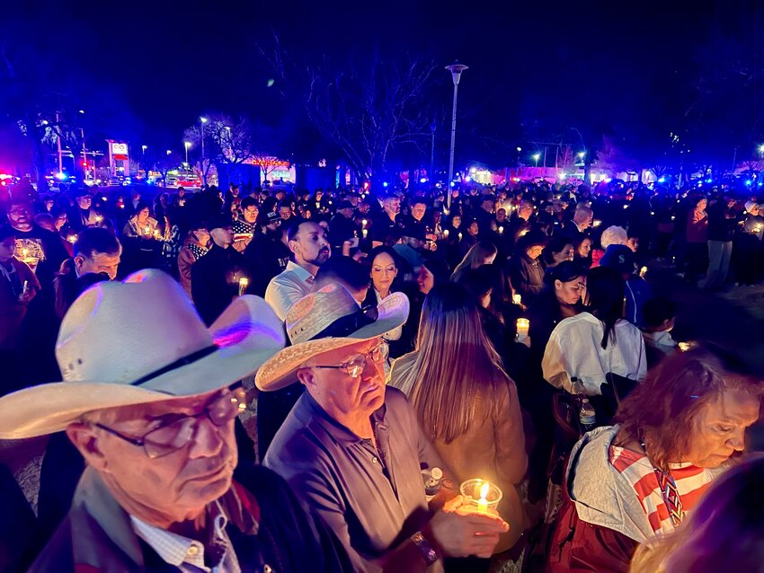 Thousands poured into Albert Johnson Park in downtown Las Cruces on Friday evening, Feb. 16, 2024, for a memorial service honoring LCPD officer Jonah Hernandez, who died the previous weekend.