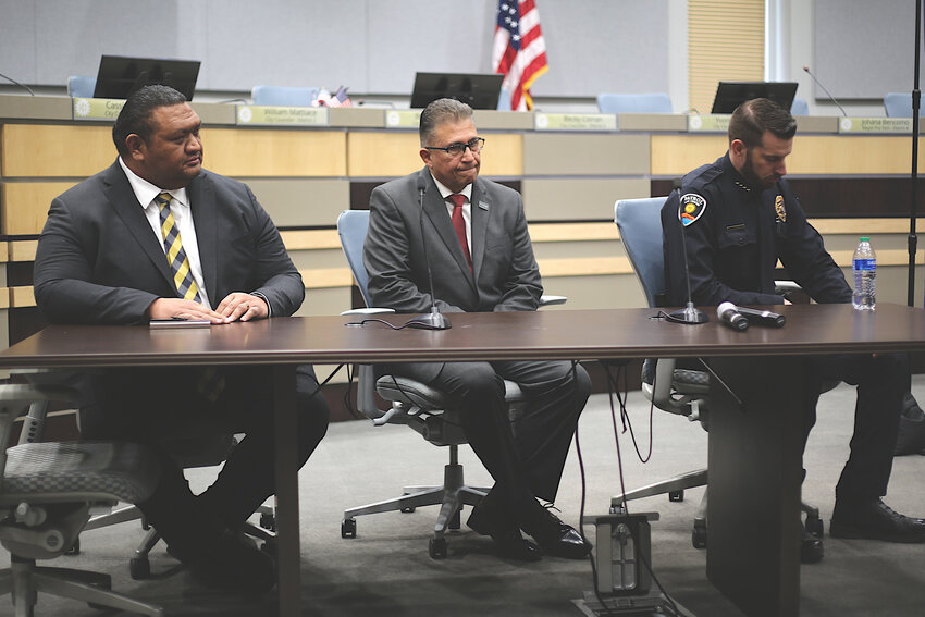 Las Cruces City Manager Ifo Pili, Mayor Eric Enriquez and LCPD Chief Jeremy Story are seen just before a March 1 press conference at city hall.