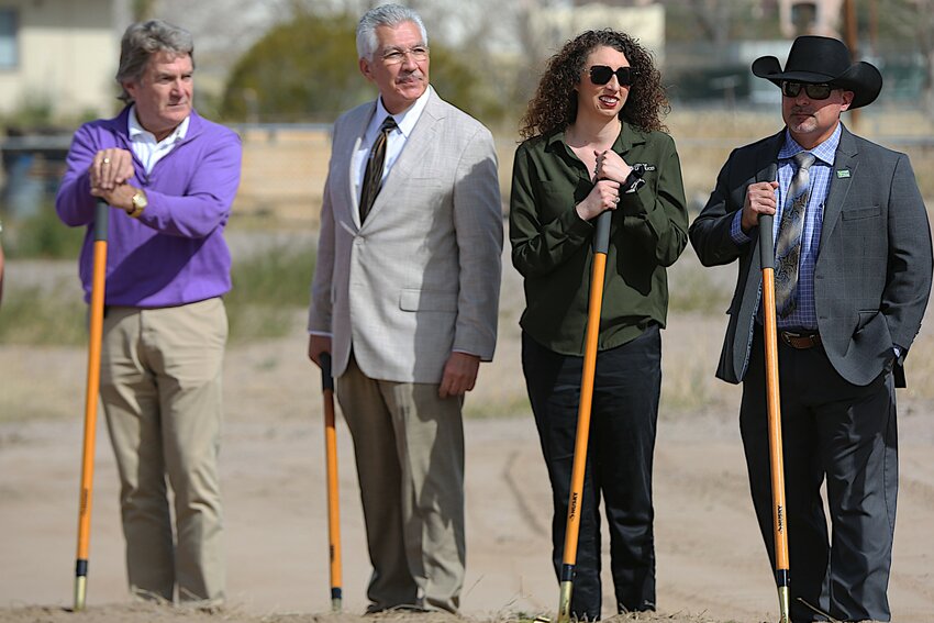 From left, Thomas Development CEO Tom Mannschreck, Do&ntilde;a Ana County Manager Fernando Macias, Housing and Neighborhood Services Manager Natalie Green and city Public Works Director David Sedillo prepare for a groundbreaking for the future Pedrena Apartments in Las Cruces on March 11, 2024.