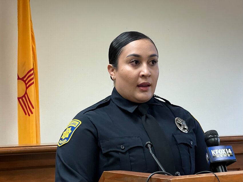 Lourdes Hernandez of the Mesilla Marshals office delivers a press briefing on Saturday, April 6.