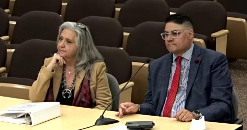 Alma d’Arte Charter High School board president Richelle Peugh-Swafford and principal Adam Amador are seen at a New Mexico Public Education Commission meeting livestream on April 19.