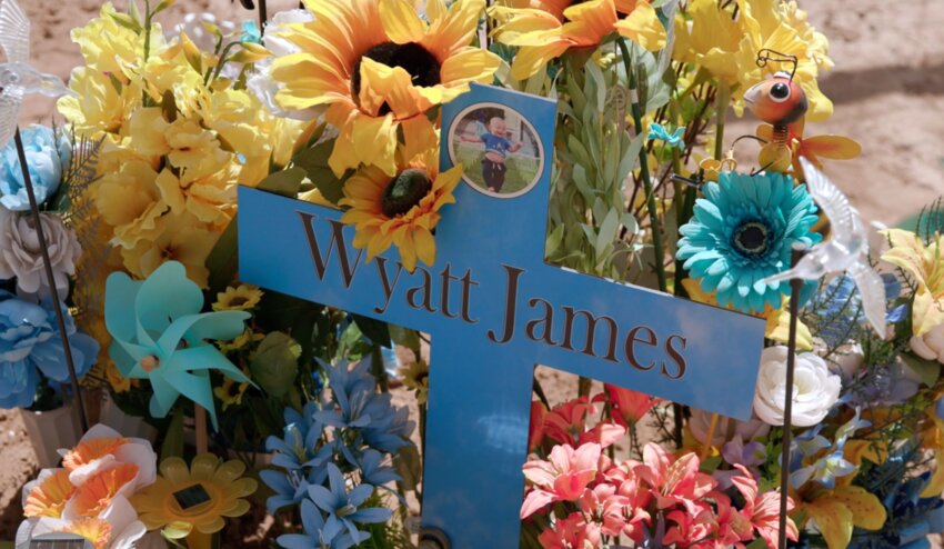 A roadside memorial for Wyatt Franzoy on New Mexico Highway 11 in Luna County, where he was killed in a collision on Nov. 11, 2023.