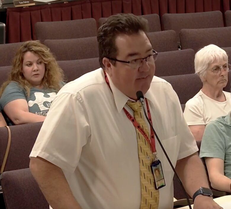 Deputy Superintendent of Operations and Leadership Gabe Jacquez addresses the Las Cruces Public Schools board on April 23 regarding the district&rsquo;s policy on school attendance zones.