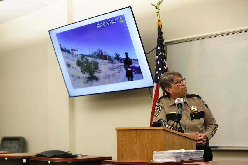 Sheriff Kim Stewart leads a news conference at the sheriff&rsquo;s office in Las Cruces on May 1.