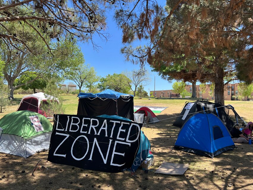 A sign declaring a small encampment on the New Mexico State University campus in Las Cruces as a &ldquo;liberated zone&rdquo; in protest against the devastation of civilian life in the Gaza strip south of Israel, seen on April 30.