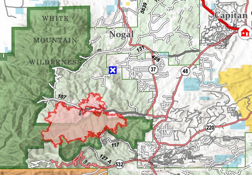 The perimeter of the Blue 2 wildfire in Ruidoso is pictured on a map at the village&rsquo;s website, where daily updates on the fire are published.