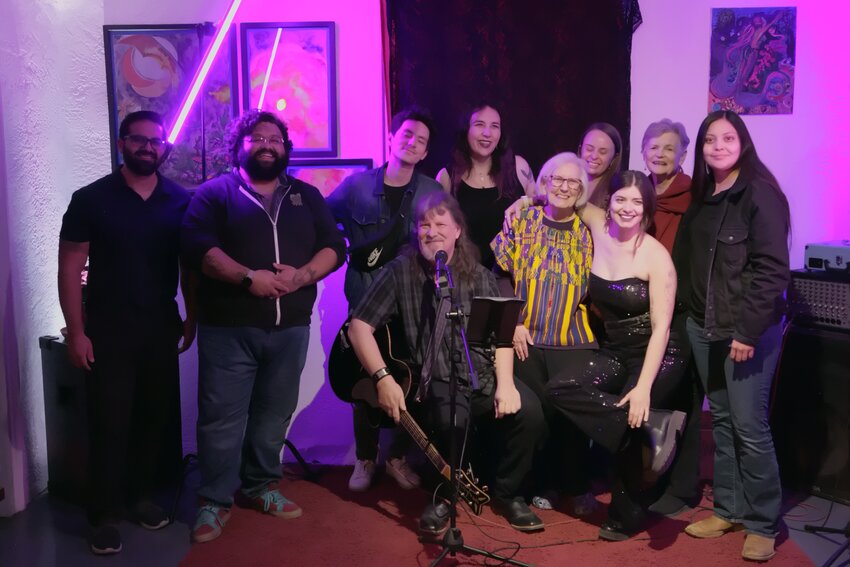 Attendees and performers at Las Cruces&rsquo; first Grief Party gather for a photo at the late February 2024 event, which took place at Woody&rsquo;s Gift Gallery in the Mesquite Historic District.