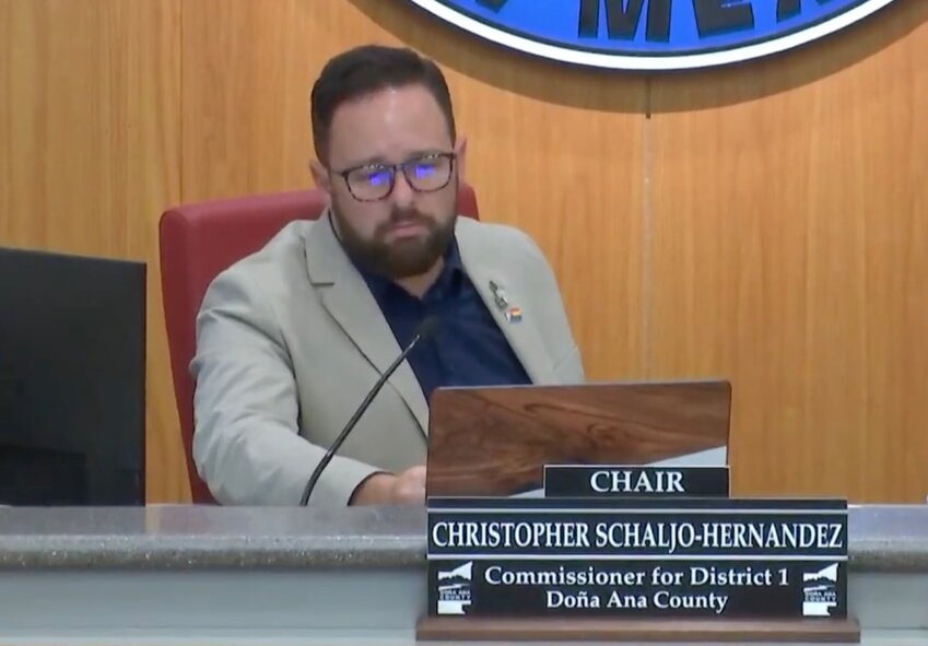 Do&ntilde;a Ana County Chairman Christopher Schaljo-Hernandez debates a measure to restrict fireworks in the county during the board of commissioners&rsquo; June 11 meeting.
