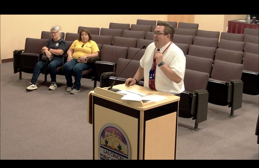 Gabe Jacquez, deputy superintendent of operations at Las Cruces Public Schools, presents during the June 18 school board meeting. It was slated to be his last meeting before moving on to a new position in Albuquerque.