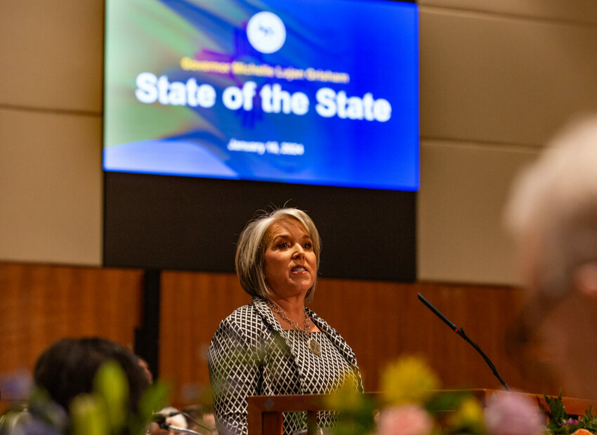 Gov. Michelle Lujan Grisham gives her State of the State address on Jan 16. 2024 during the opening day of the legislative session. (Photo by Anna Padilla for Source NM)