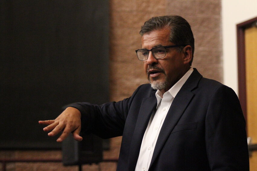 State Sen. Joe Cervantes, D-Las Cruces, addresses a town hall at the New Mexico Farm and Ranch Heritage Museum in Las Cruces, N.M., on Aug. 19, 2024.