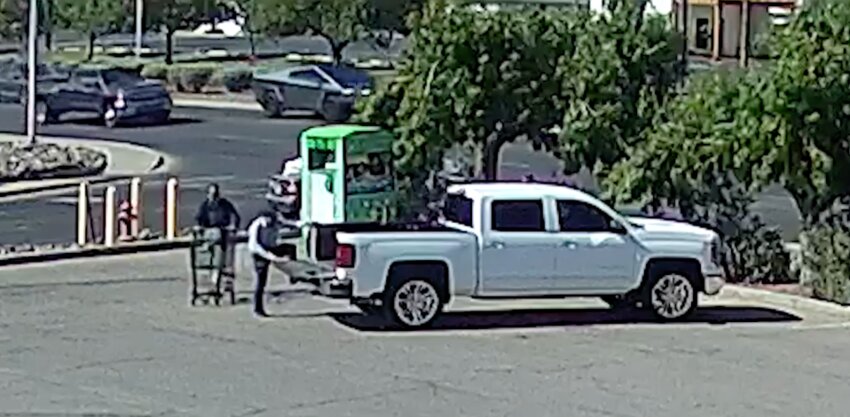 Security camera footage shows men, described by police as employees of a Las Cruces Albertsons grocery store, confiscating a shopping cart from an unhoused woman on Aug. 6, 2024.