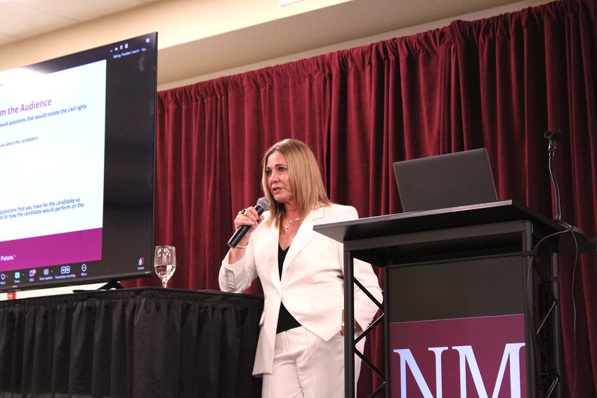 Monica Lounsbery, dean of Cal State Long Beach’s College of Health and Human Services, addresses a public forum at the Las Cruces Convention Center on Sept. 12, 2024, as a candidate for New Mexico State University’s presidency.