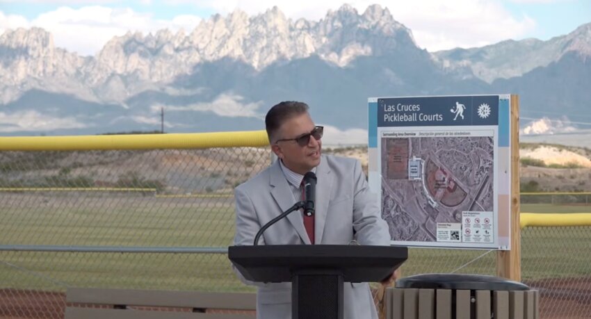 Las Cruces Mayor Eric Enriquez gave a speech at the Sept. 13 ribbon-cutting for the East Mesa Recreational Complex pickleball courts