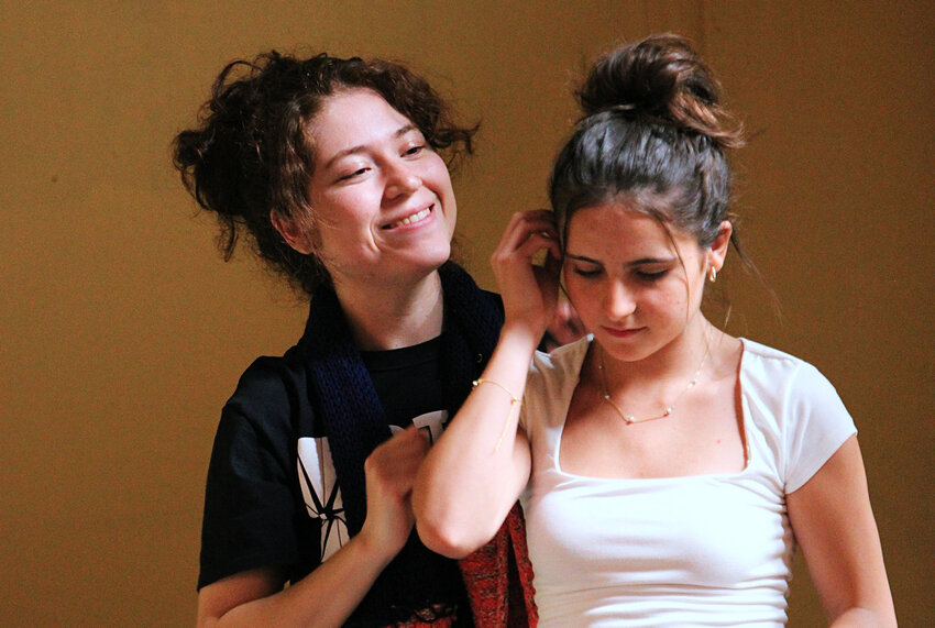 Lauren Roman and Mia Berkson rehearse their roles as sisters Margot and Anne Frank in LCCT’s current production of “The Diary of Anne Frank.”