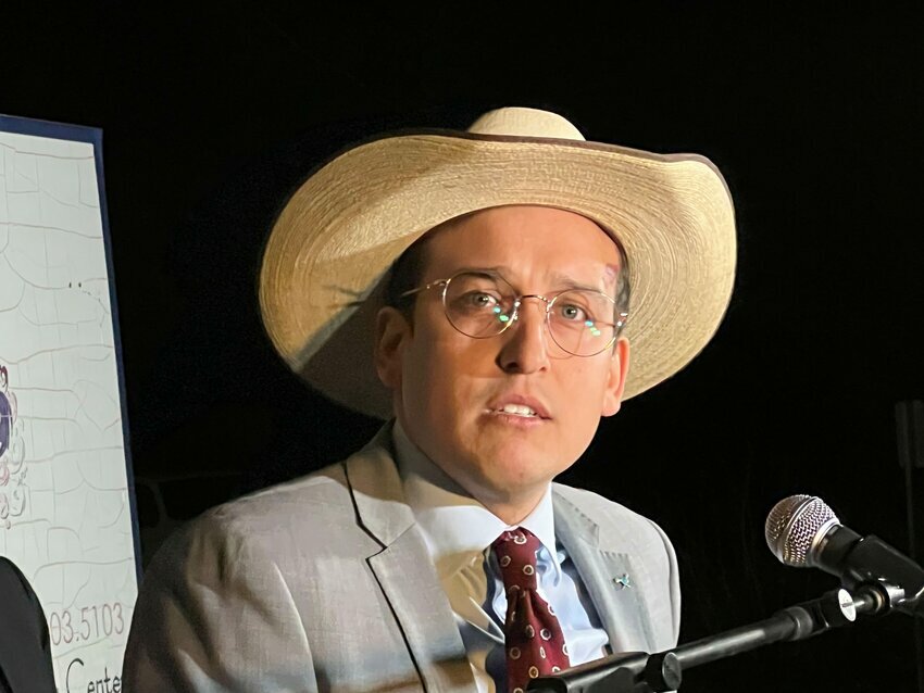 Las Cruces attorney Israel Ch&aacute;vez speaks to reporters outside the Camino Real Regional Utility Authority office in Sunland Park on Feb. 12, 2024.