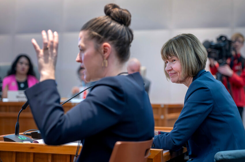 Rep. Christine Chandler, D-Los Alamos, right, and Megan Dorsey, an attorney and expert witness, present a package of crime bills to the House Judiciary Committee, Wednesday, February 12, 2025.